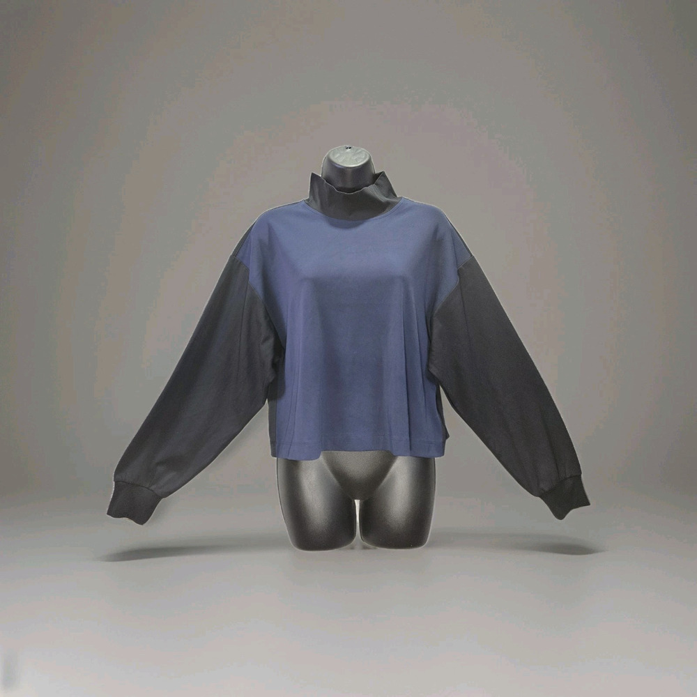 Athleta Cropped Mock Neck Sweatshirt M Navy Black Colorblock Quiet Luxury Clean - Picture 2 of 12